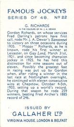 1936 Gallaher Famous Jockeys #22 Gordon Richards Back